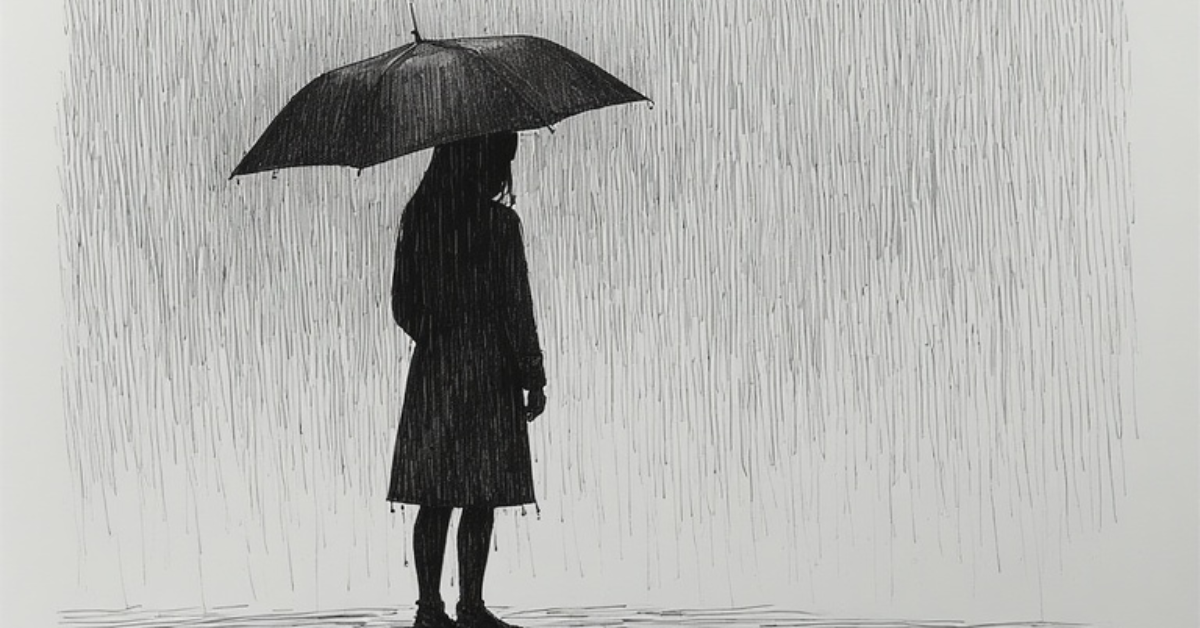 black and white pencil drawing, 1200 x 628 pixels - A lone figure of a girl standing in the rain, umbrella closed at their side., black and white, breathtaking pencil illustration, highly detailed, 4k, textured paper, pencil texture, sketch