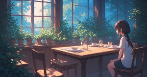 1200 x 628 pixels - A girl at a restaurant and empty chair beside a table set for two., anime masterpiece with soft lighting, gentle intricate style, highly detailed, pixiv, anime art, 4k, art from your name anime, garden of words style art, high quality. Overall, it's an absolute world-class masterpiece soft beautiful anime-inspired artwork. It's an aesthetically pleasing, soft, beautiful anime art with impeccable attention to detail and beautiful composition.