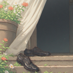 1200 x 628 pixels - A pair of shoes left at a doorstep, one slightly turned away., anime masterpiece with soft lighting, gentle intricate style, highly detailed, pixiv, anime art, 4k, art from your name anime, garden of words style art, high quality. Overall, it's an absolute world-class masterpiece soft beautiful anime-inspired artwork. It's an aesthetically pleasing, soft, beautiful anime art with impeccable attention to detail and beautiful composition.