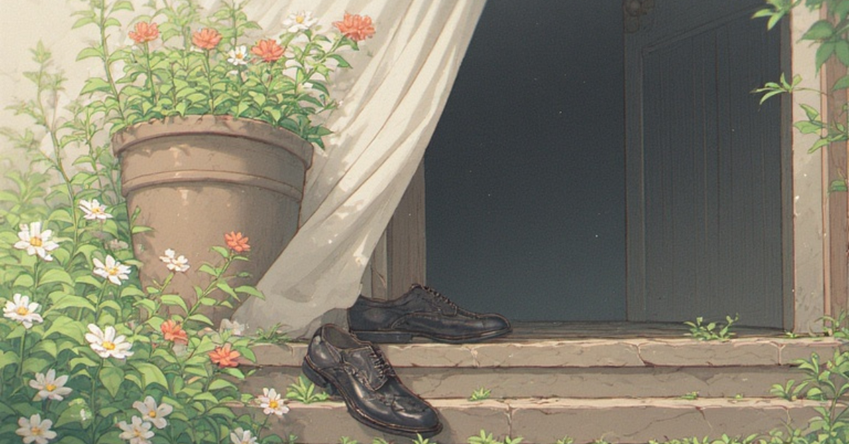 1200 x 628 pixels - A pair of shoes left at a doorstep, one slightly turned away., anime masterpiece with soft lighting, gentle intricate style, highly detailed, pixiv, anime art, 4k, art from your name anime, garden of words style art, high quality. Overall, it's an absolute world-class masterpiece soft beautiful anime-inspired artwork. It's an aesthetically pleasing, soft, beautiful anime art with impeccable attention to detail and beautiful composition.